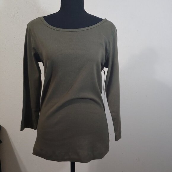 Three Dots Essential Heritage Knit British Tee M  Green 3/4 Sleeve - Picture 1 of 7